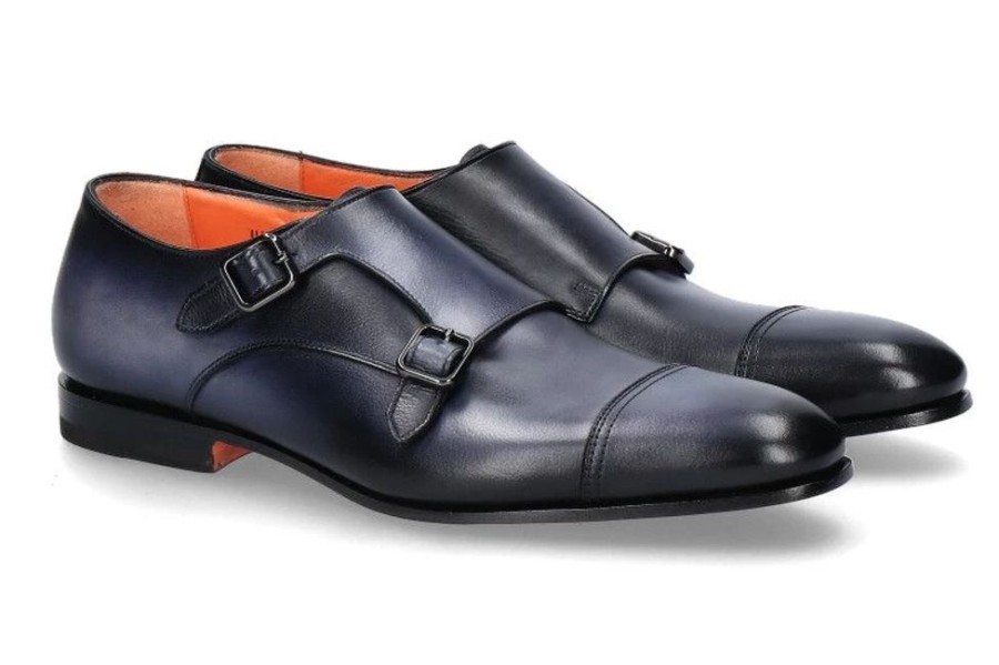 Herren Santoni Slippers | Santoni Doppelmonk Calf Blu