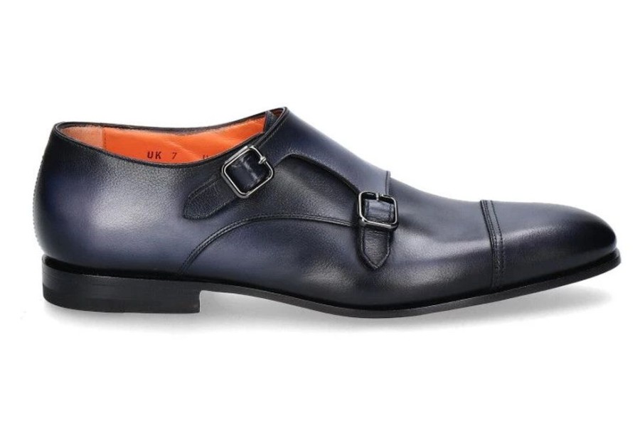 Herren Santoni Slippers | Santoni Doppelmonk Calf Blu