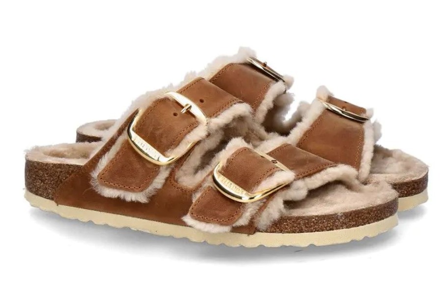 Damen Birkenstock Warmfutter | Birkenstock Pantolette Arizona Big Buckle Shearling Schmal- Cognac