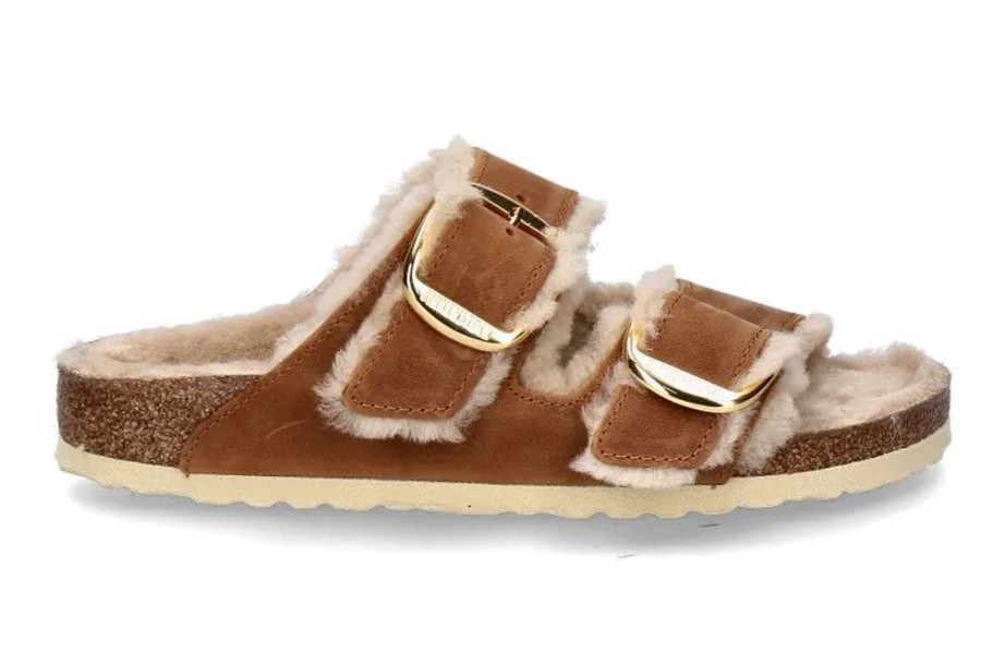 Damen Birkenstock Warmfutter | Birkenstock Pantolette Arizona Big Buckle Shearling Schmal- Cognac