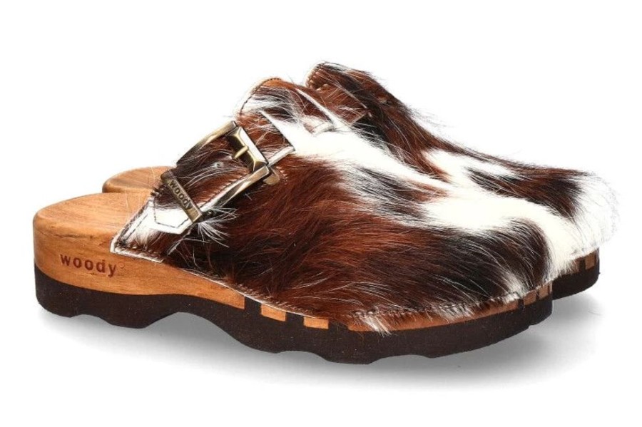 Herren woody Offene Schuhe | Woody Holzclogs Lukas Fell Braun Weiss