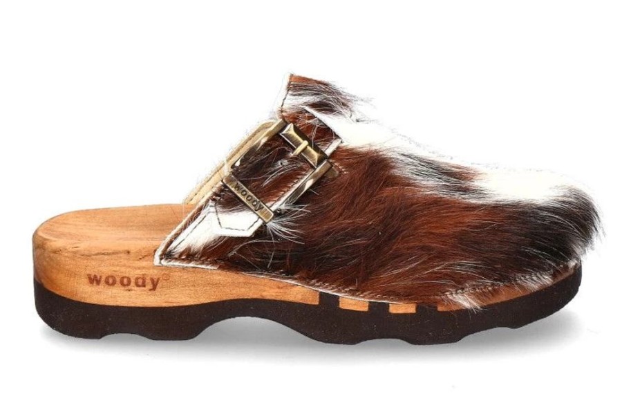 Herren woody Offene Schuhe | Woody Holzclogs Lukas Fell Braun Weiss