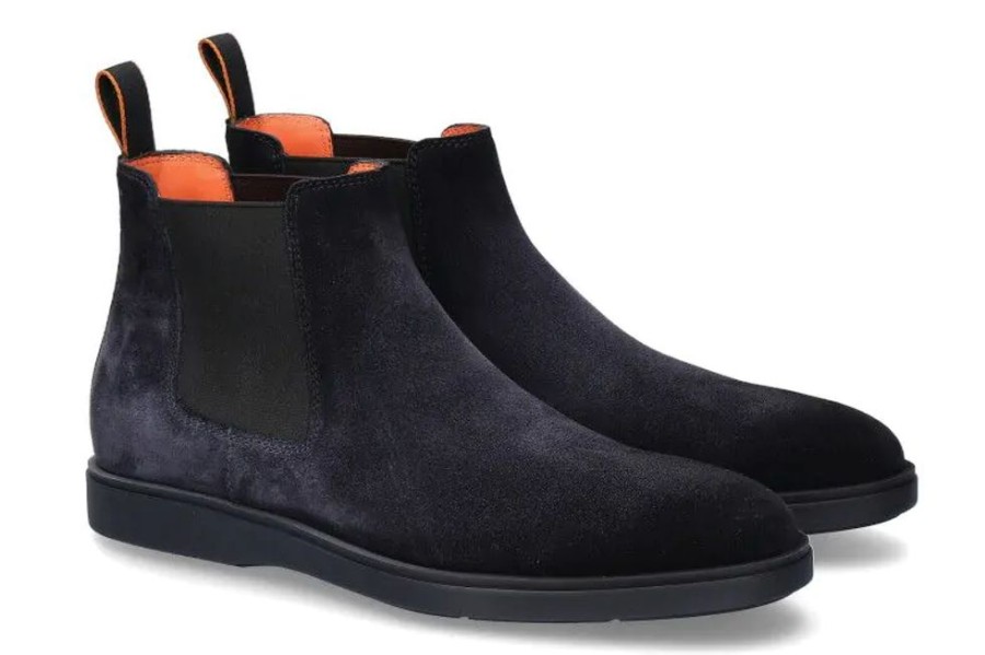 Herren Santoni Stiefeletten / Stiefel | Santoni Chelsea Boots Velours Navy- Dunkelblau