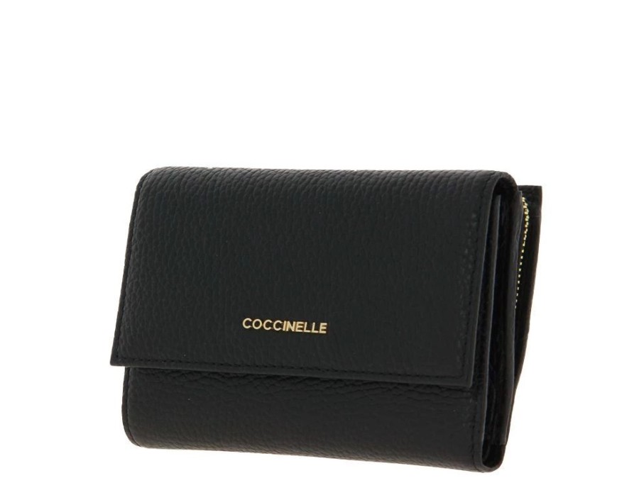 Damen Coccinelle Geldb?Rsen | Coccinelle Portemonnaie Grain Leather Metallic Soft Noir