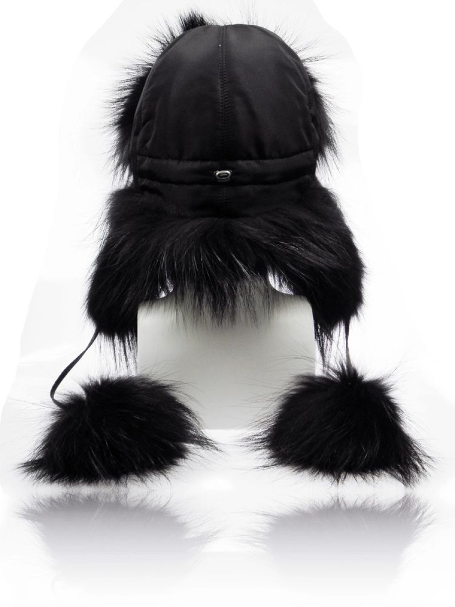 Damen FurLand Russia Ushankas - Fellmutzen | Furland Pilotenmu00Fctze - Ushanka Black Raccoon - Mit Pom Pom'S