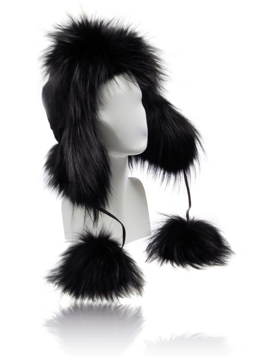 Damen FurLand Russia Ushankas - Fellmutzen | Furland Pilotenmu00Fctze - Ushanka Black Raccoon - Mit Pom Pom'S