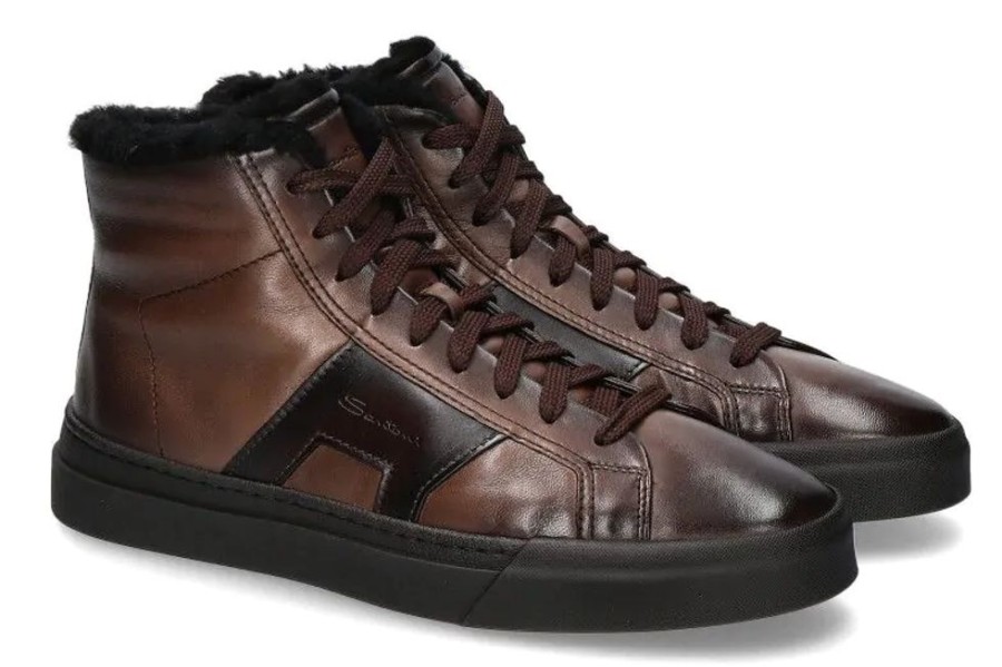 Herren Santoni Warmgefuttert | Santoni Mid- Cut Sneaker Gefu00Fcttert Double Buckle Brown- Dunkelbraun