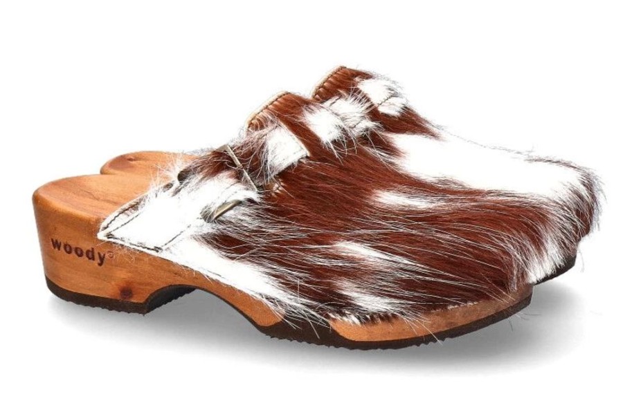 Damen woody Hausschuhe | Woody Holzclogs Manu Fell Weiss Braun