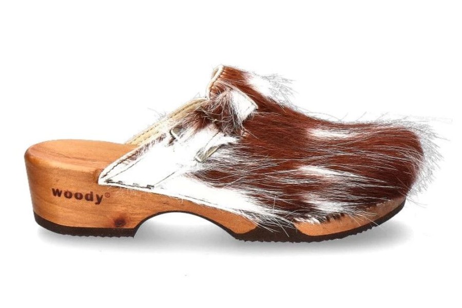 Damen woody Hausschuhe | Woody Holzclogs Manu Fell Weiss Braun