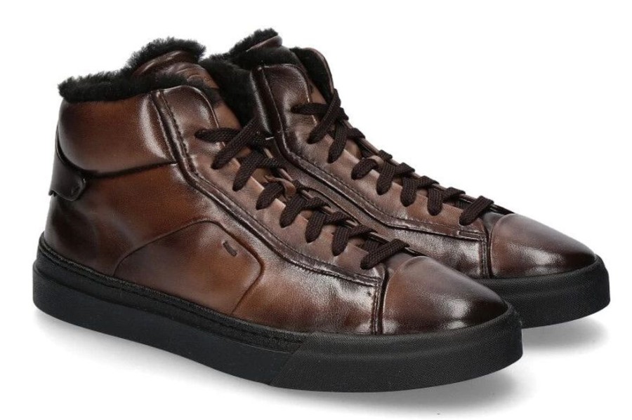 Herren Santoni Warmgefuttert | Santoni Mid-Cut Sneaker Gefu00Fcttert Nappa Antic Brown